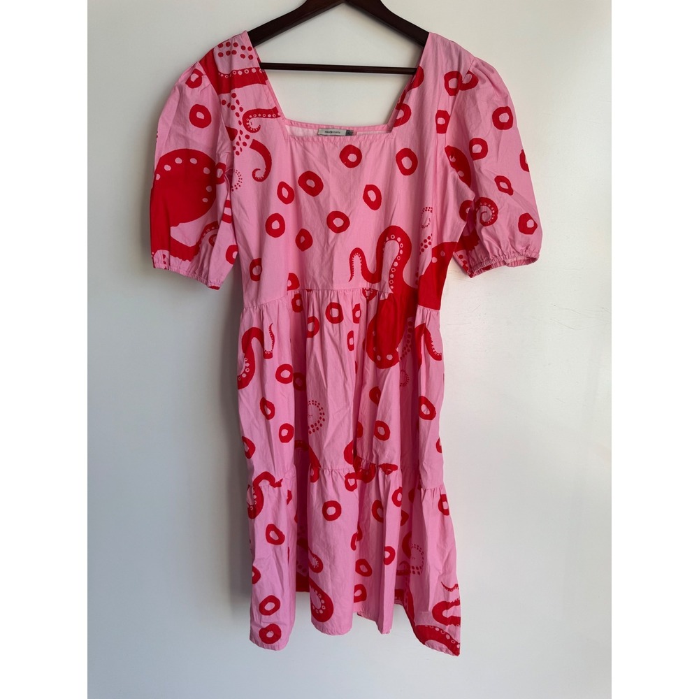 Maude Vivante Pink Red Octopus Molly Cotton Tiered Mini Dress XL Fit Flare Puff